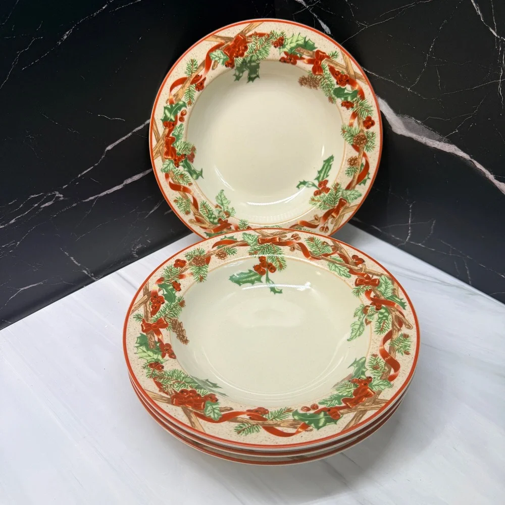 Block Basics Festive Ribbon Soup Bowls Set of 4 Christmas Holly Berry